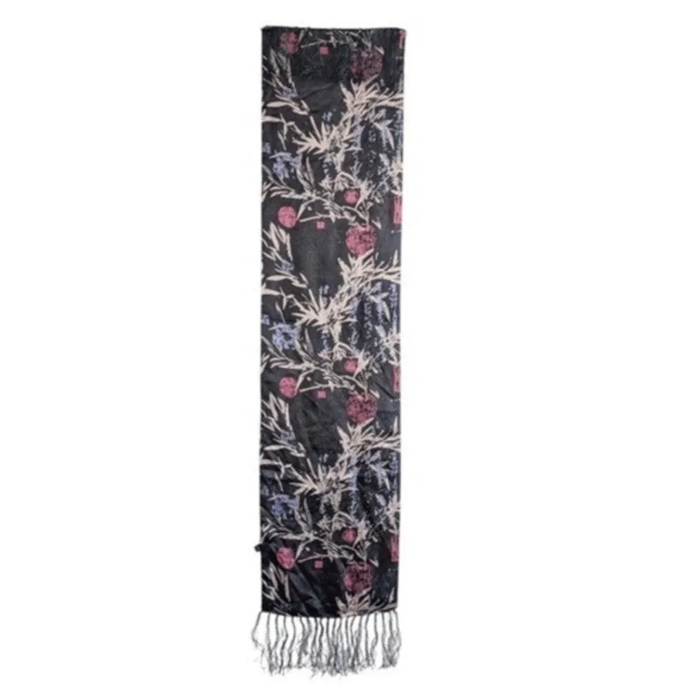 Vintage Y2K 90s Boho Eccentric Eastern Asia Print Tassel Fringe Satin Silk Scarf